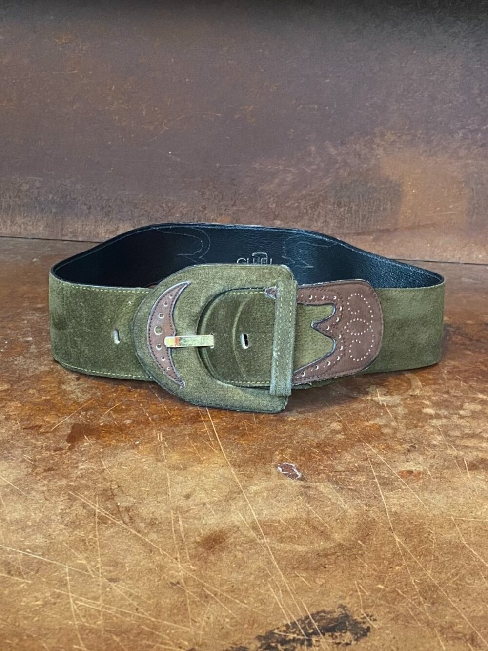 Vintage Leather Belt Olive Green Suede Size 26 Wide Western Brown Embellishments